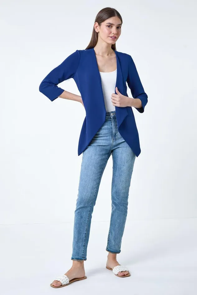 Women Royal Blue 34 Sleeve Lace Back Waterfall Jacket Roman Jackets