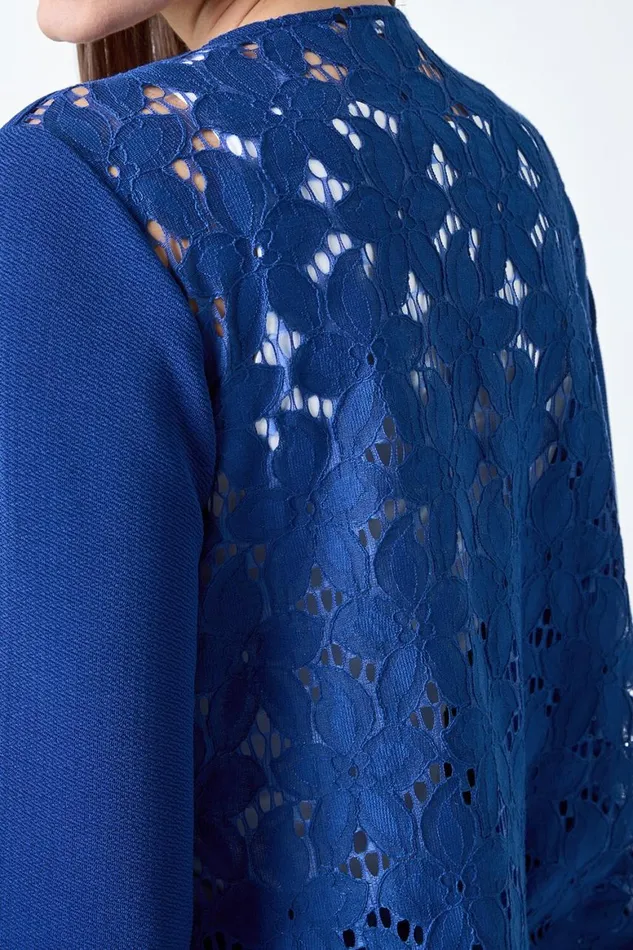 Women Royal Blue 34 Sleeve Lace Back Waterfall Jacket Roman Jackets