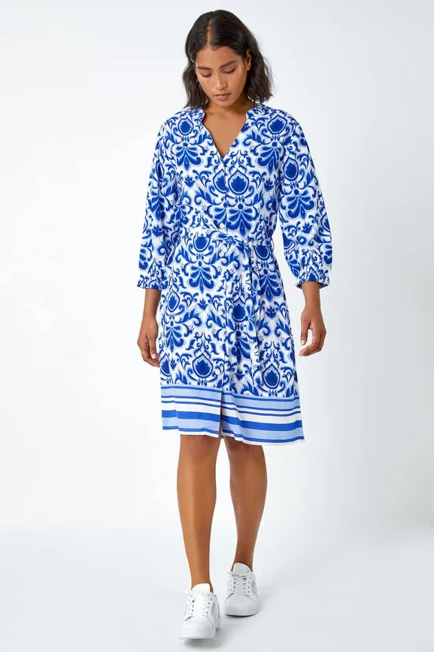 Women Royal Blue Abstract Border Print Shirt Dress Roman Dresses