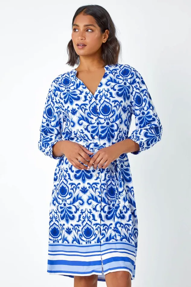 Women Royal Blue Abstract Border Print Shirt Dress Roman Dresses