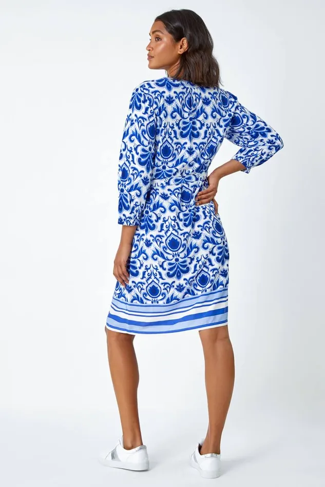 Women Royal Blue Abstract Border Print Shirt Dress Roman Dresses