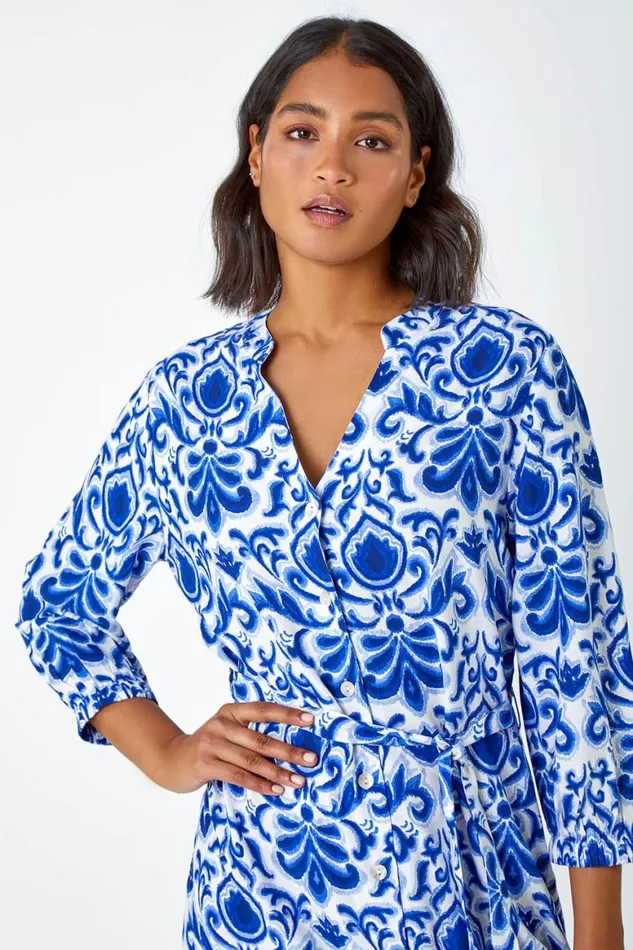 Women Royal Blue Abstract Border Print Shirt Dress Roman Dresses