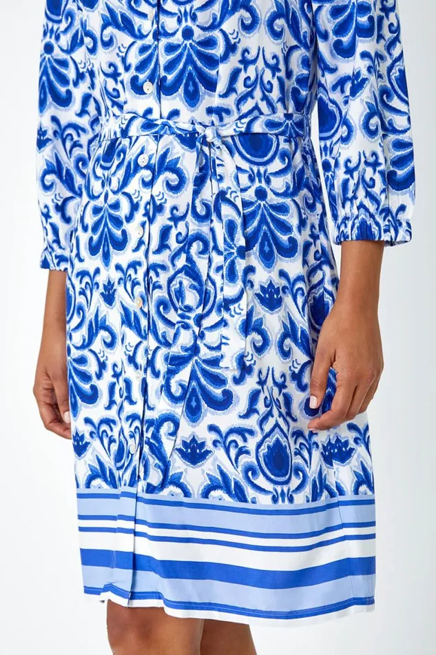 Women Royal Blue Abstract Border Print Shirt Dress Roman Dresses