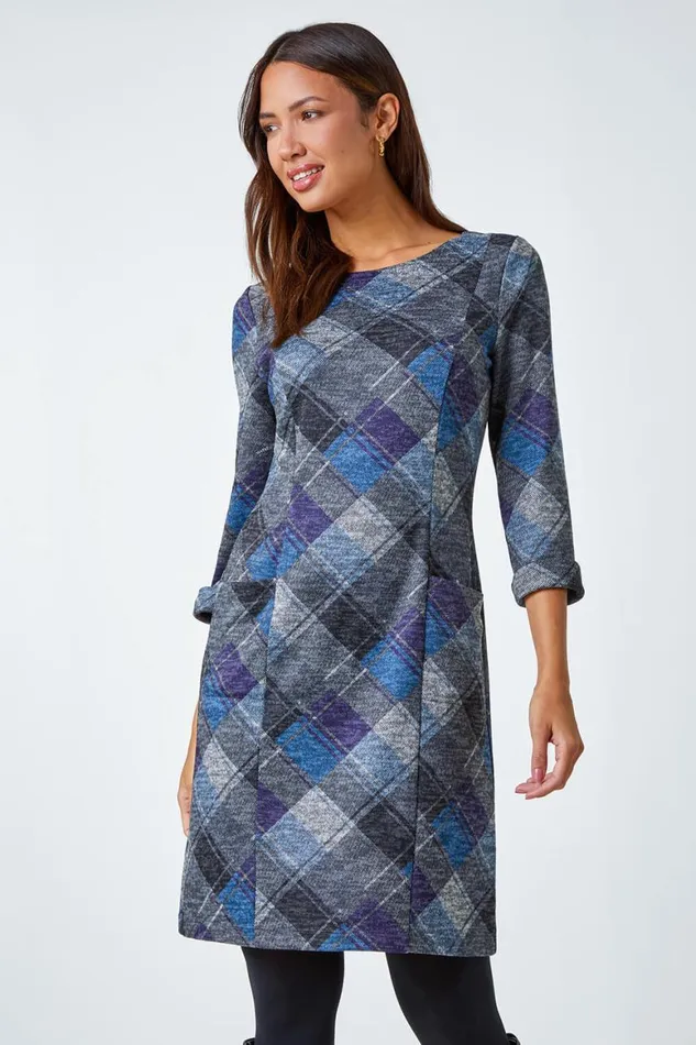 Women Royal Blue Check Print Shift Stretch Dress Roman Dresses