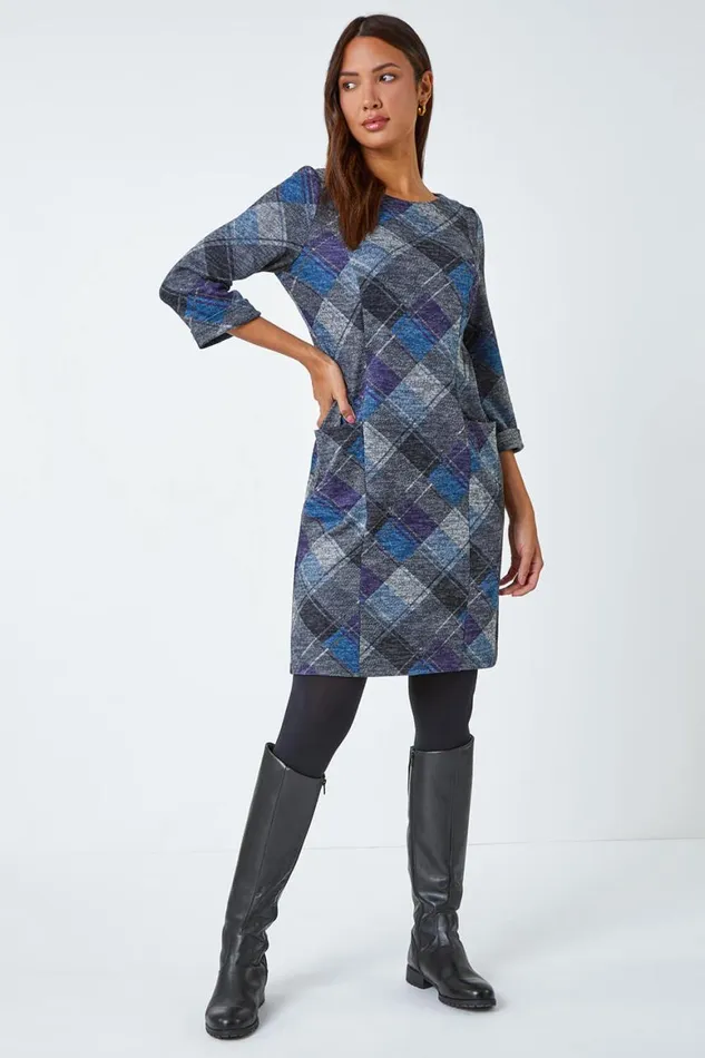 Women Royal Blue Check Print Shift Stretch Dress Roman Dresses