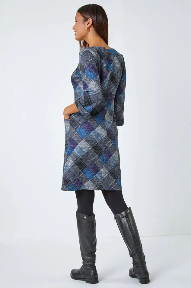 Women Royal Blue Check Print Shift Stretch Dress Roman Dresses