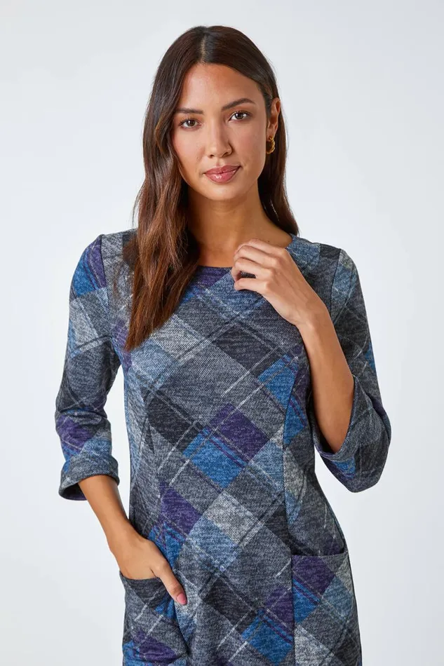 Women Royal Blue Check Print Shift Stretch Dress Roman Dresses