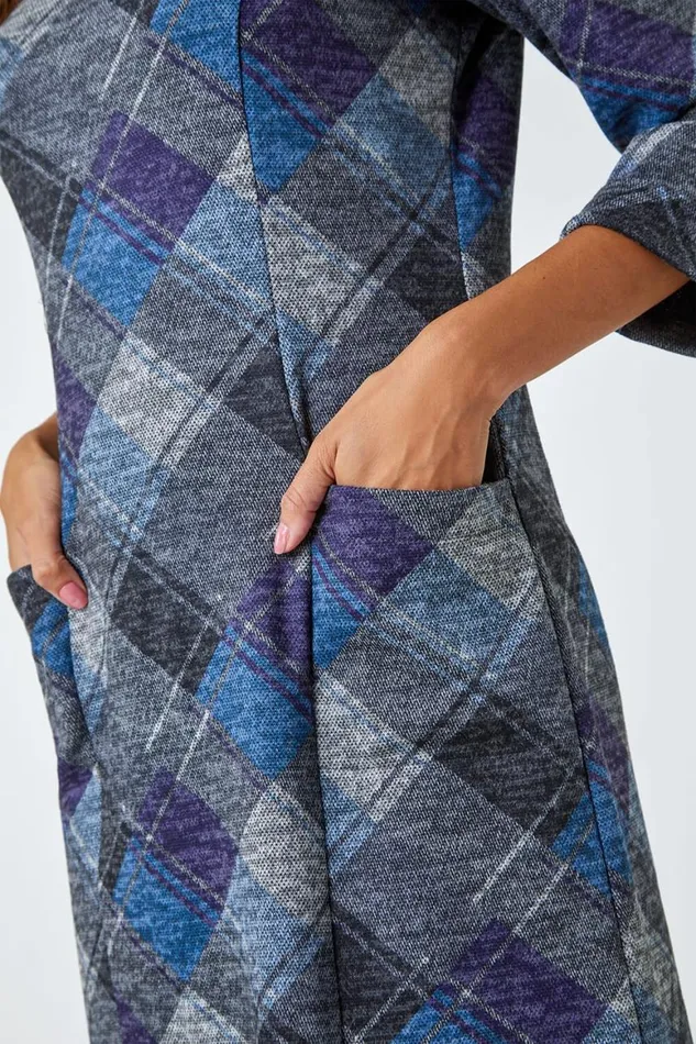 Women Royal Blue Check Print Shift Stretch Dress Roman Dresses