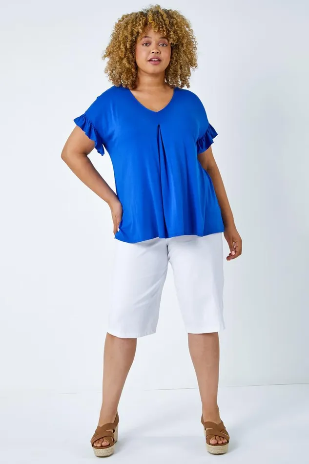 Women Royal Blue Curve Frill Sleeve VNeck Top Roman Tops
