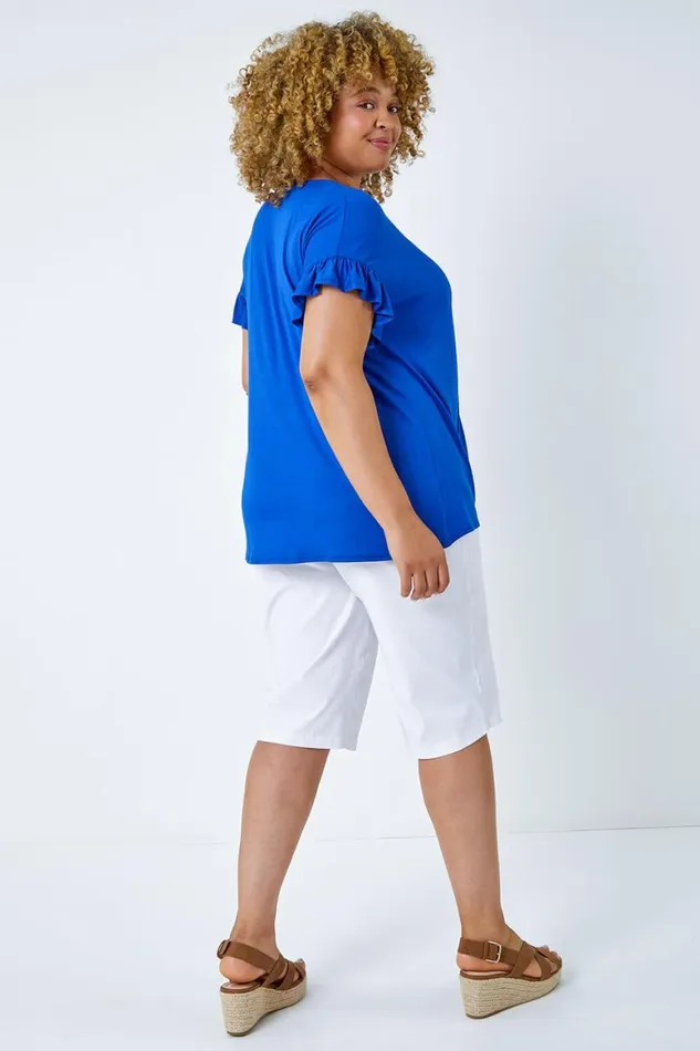 Women Royal Blue Curve Frill Sleeve VNeck Top Roman Tops