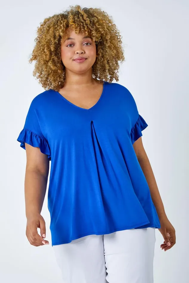 Women Royal Blue Curve Frill Sleeve VNeck Top Roman Tops