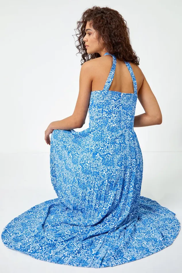 Women Royal Blue Ditsy Floral Halter Neck Maxi Dress Roman Dresses