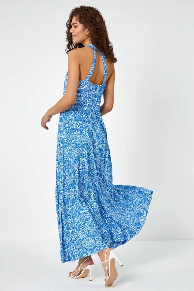 Women Royal Blue Ditsy Floral Halter Neck Maxi Dress Roman Dresses