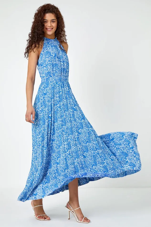 Women Royal Blue Ditsy Floral Halter Neck Maxi Dress Roman Dresses