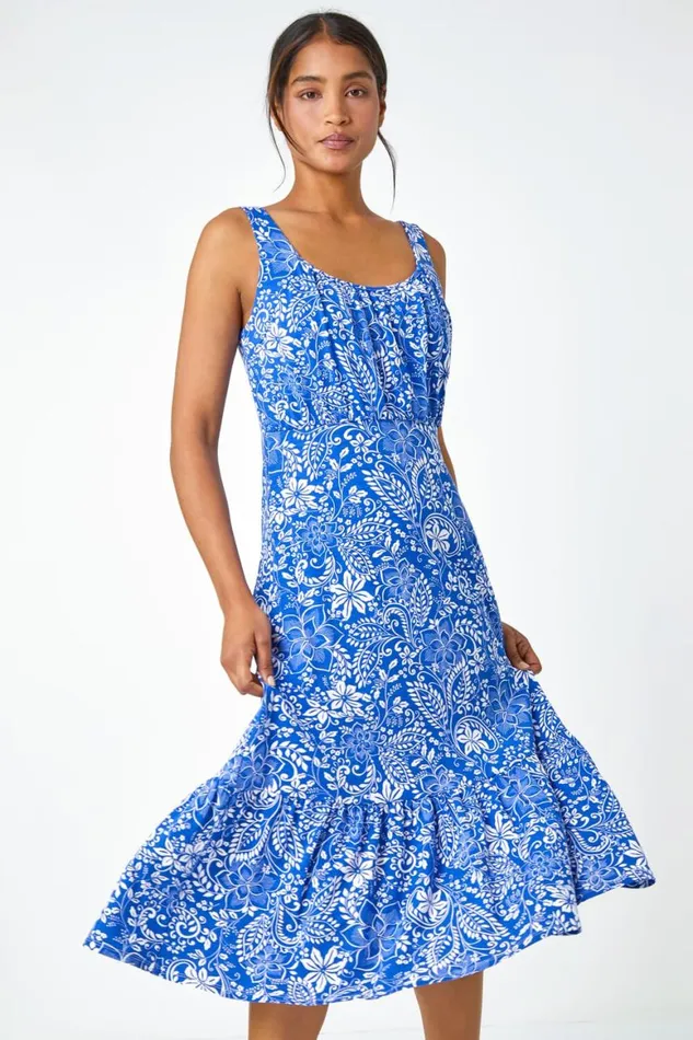 Women Royal Blue Floral Frill Hem Stretch Midi Dress Roman Dresses