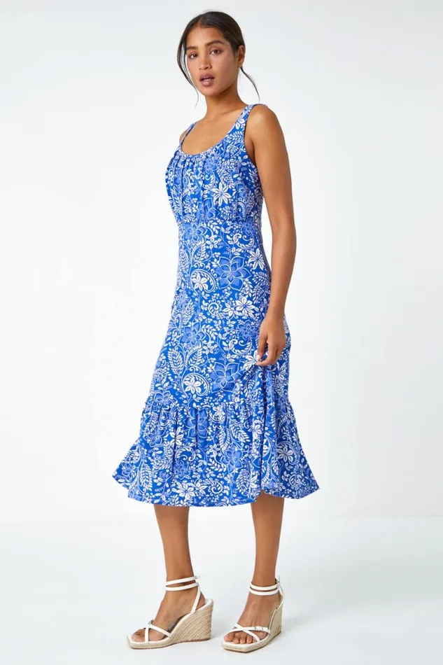 Women Royal Blue Floral Frill Hem Stretch Midi Dress Roman Dresses