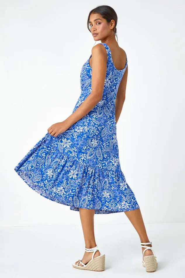 Women Royal Blue Floral Frill Hem Stretch Midi Dress Roman Dresses