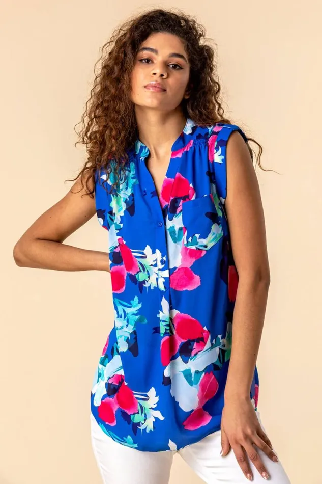 Women Royal Blue Floral Print Tunic Top Roman Tops