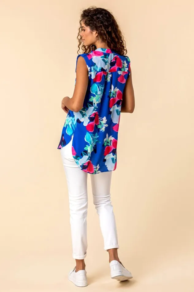 Women Royal Blue Floral Print Tunic Top Roman Tops