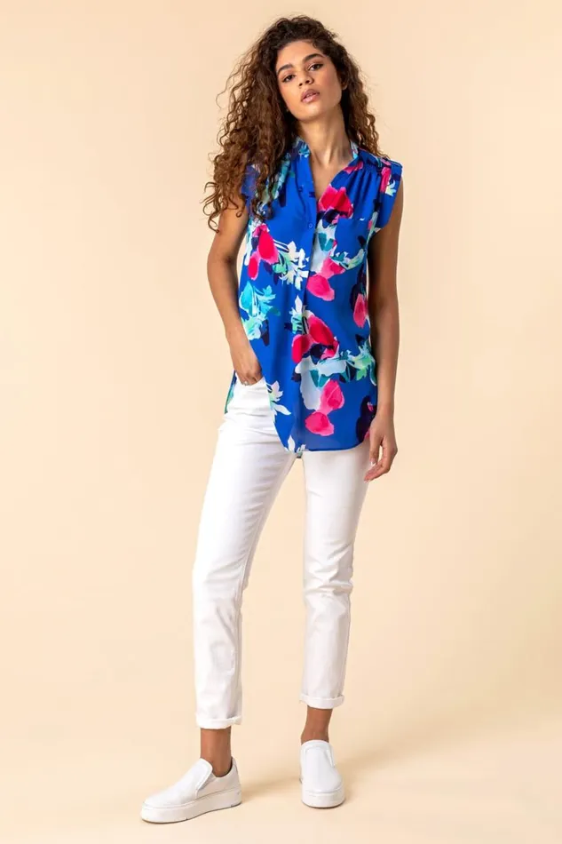 Women Royal Blue Floral Print Tunic Top Roman Tops