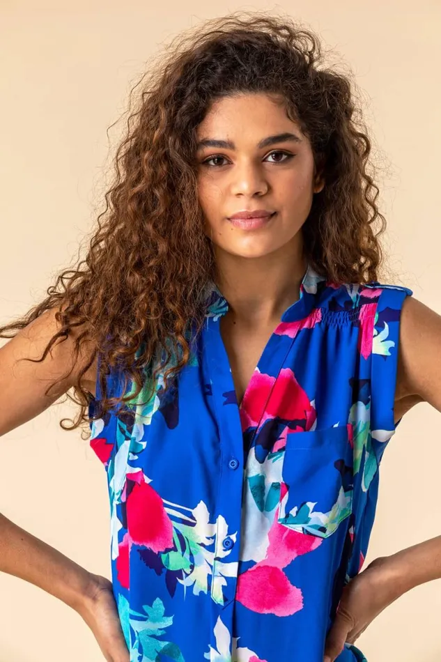 Women Royal Blue Floral Print Tunic Top Roman Tops
