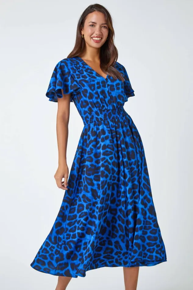 Women Royal Blue Leopard Print Midi Stretch Dress Roman Dresses