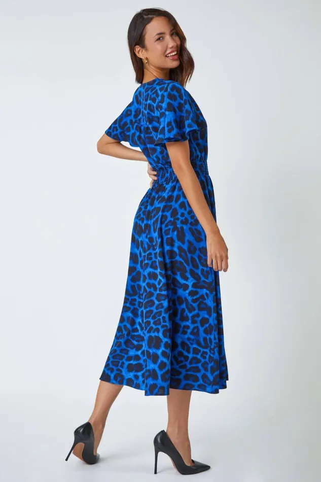 Women Royal Blue Leopard Print Midi Stretch Dress Roman Dresses
