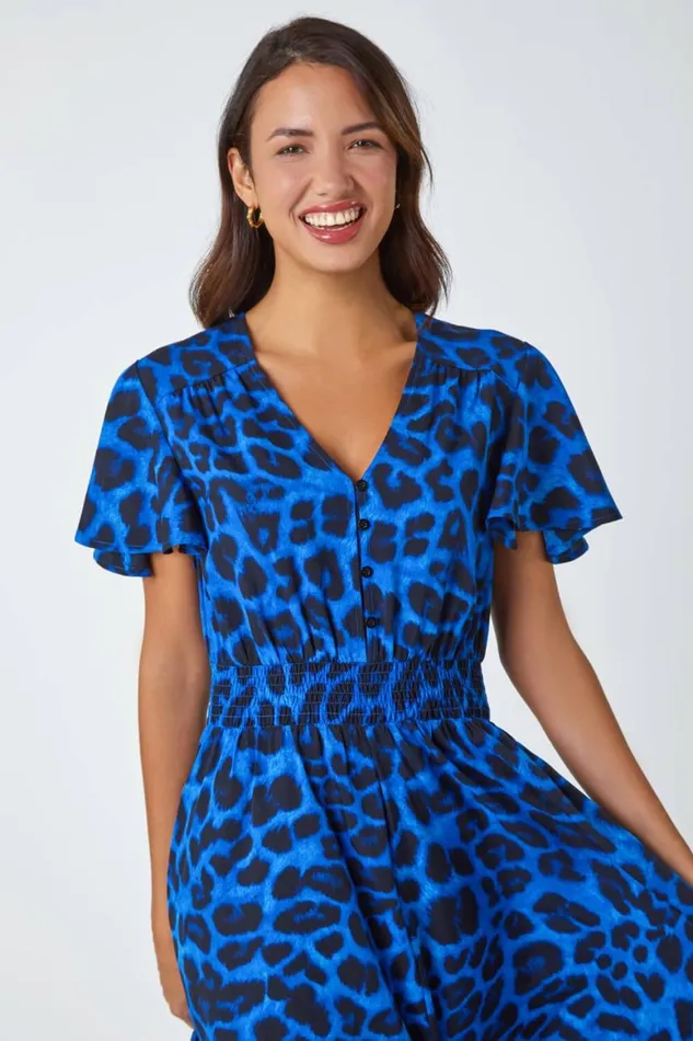 Women Royal Blue Leopard Print Midi Stretch Dress Roman Dresses