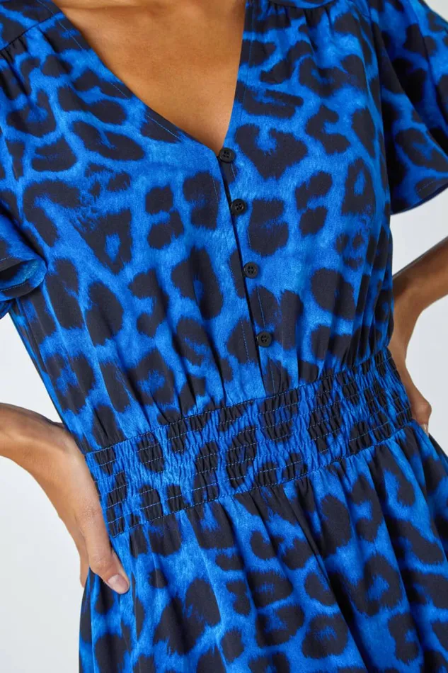 Women Royal Blue Leopard Print Midi Stretch Dress Roman Dresses