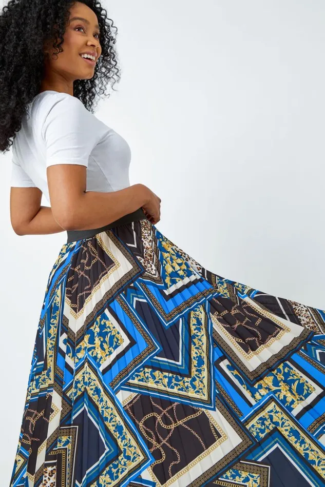 Women Royal Blue Petite Abstract Animal Pleated Maxi Skirt Roman Skirts