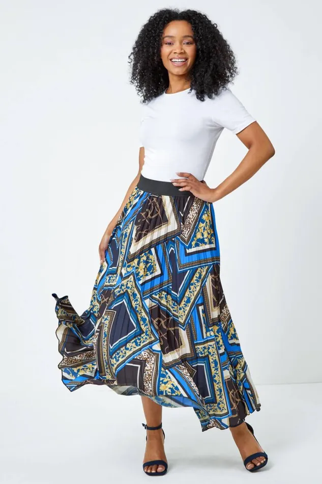 Women Royal Blue Petite Abstract Animal Pleated Maxi Skirt Roman Skirts