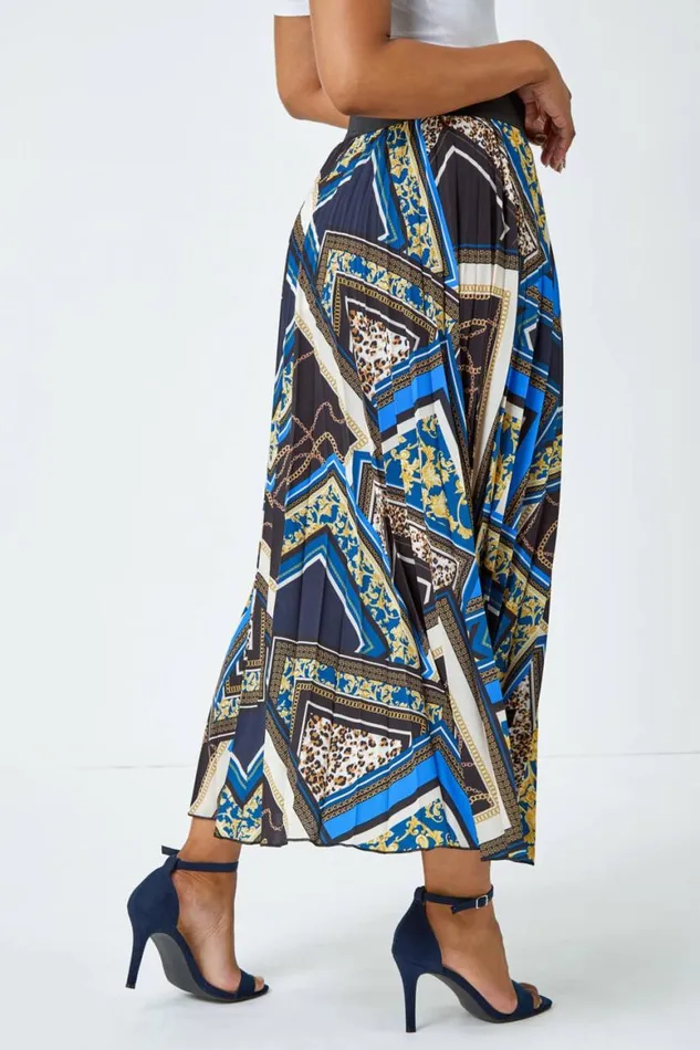 Women Royal Blue Petite Abstract Animal Pleated Maxi Skirt Roman Skirts