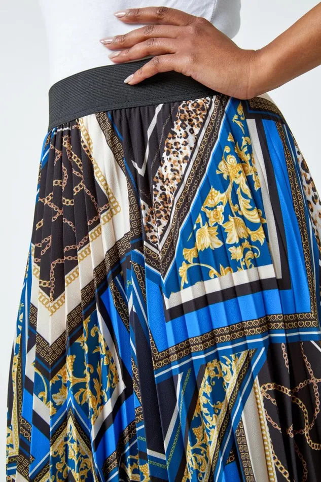 Women Royal Blue Petite Abstract Animal Pleated Maxi Skirt Roman Skirts