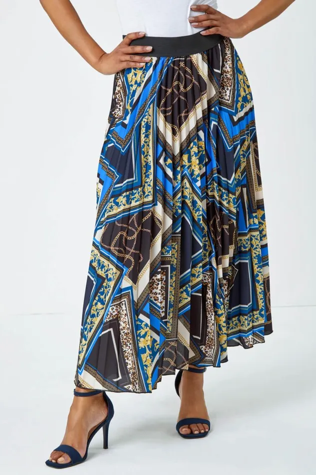 Women Royal Blue Petite Abstract Animal Pleated Maxi Skirt Roman Skirts