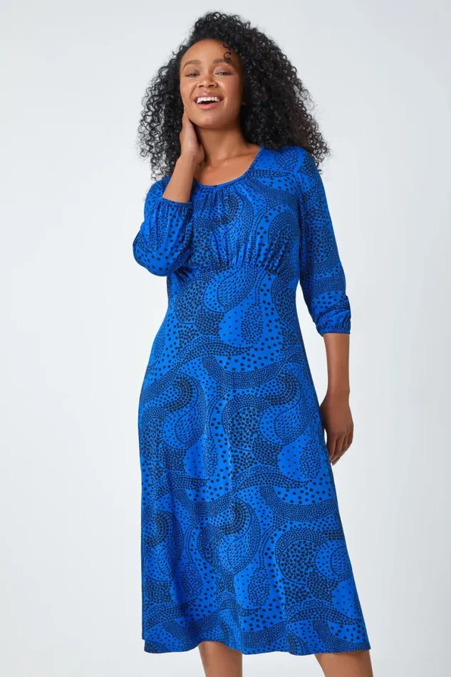 Women Royal Blue Petite Abstract Spot Stretch Midi Dress Roman Dresses