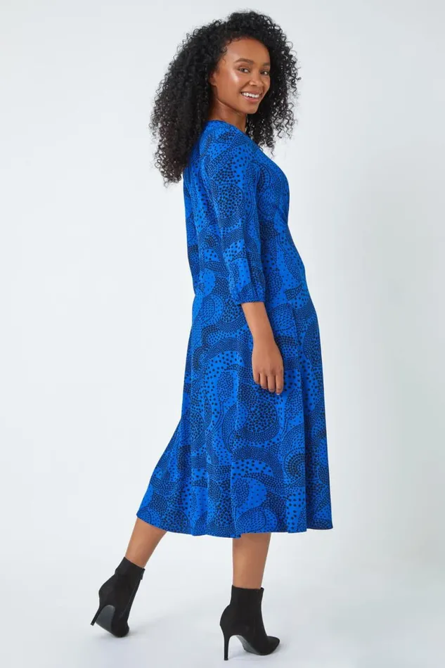 Women Royal Blue Petite Abstract Spot Stretch Midi Dress Roman Dresses