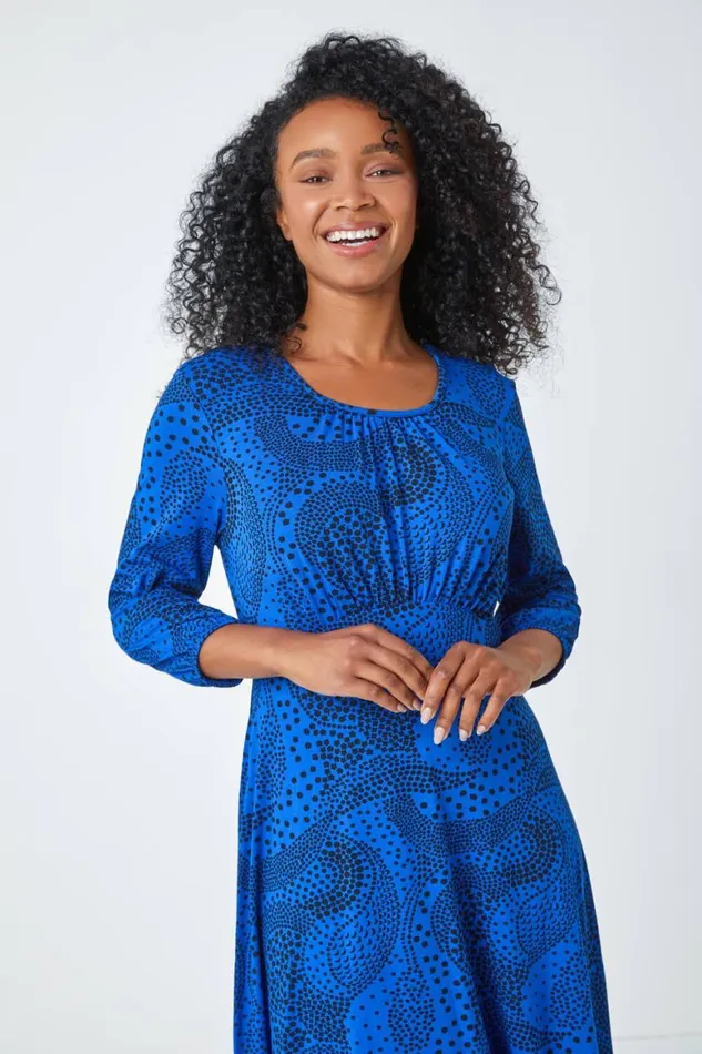 Women Royal Blue Petite Abstract Spot Stretch Midi Dress Roman Dresses
