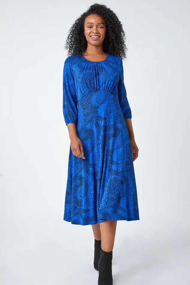 Women Royal Blue Petite Abstract Spot Stretch Midi Dress Roman Dresses