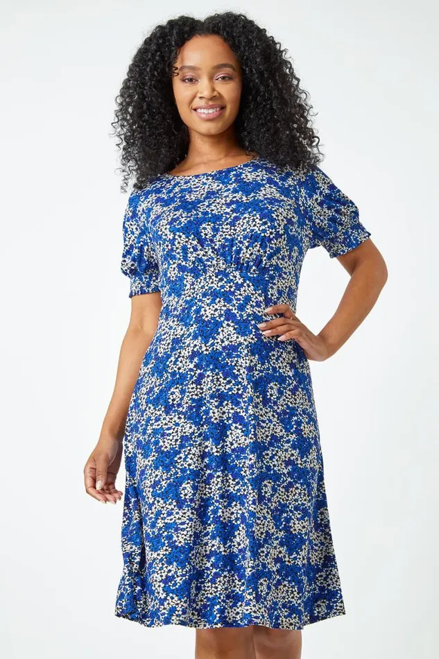 Women Royal Blue Petite Shirred Sleeve Floral Dress Roman Dresses
