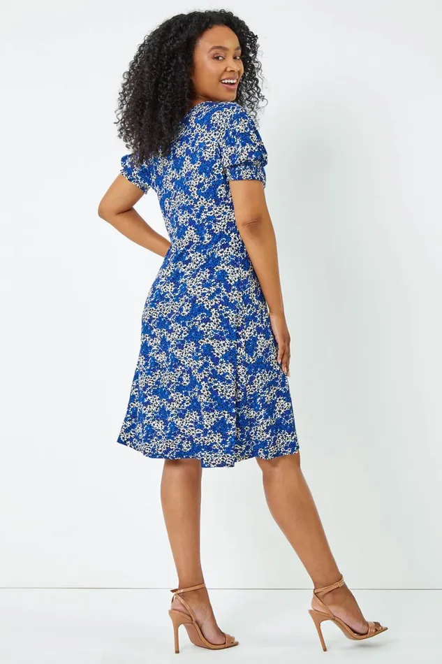 Women Royal Blue Petite Shirred Sleeve Floral Dress Roman Dresses