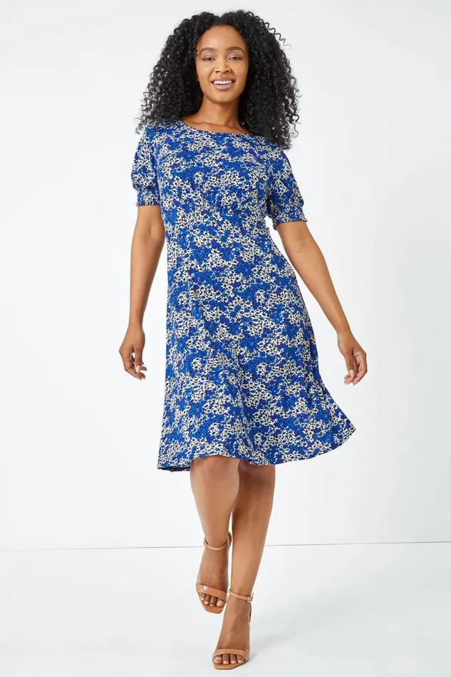 Women Royal Blue Petite Shirred Sleeve Floral Dress Roman Dresses