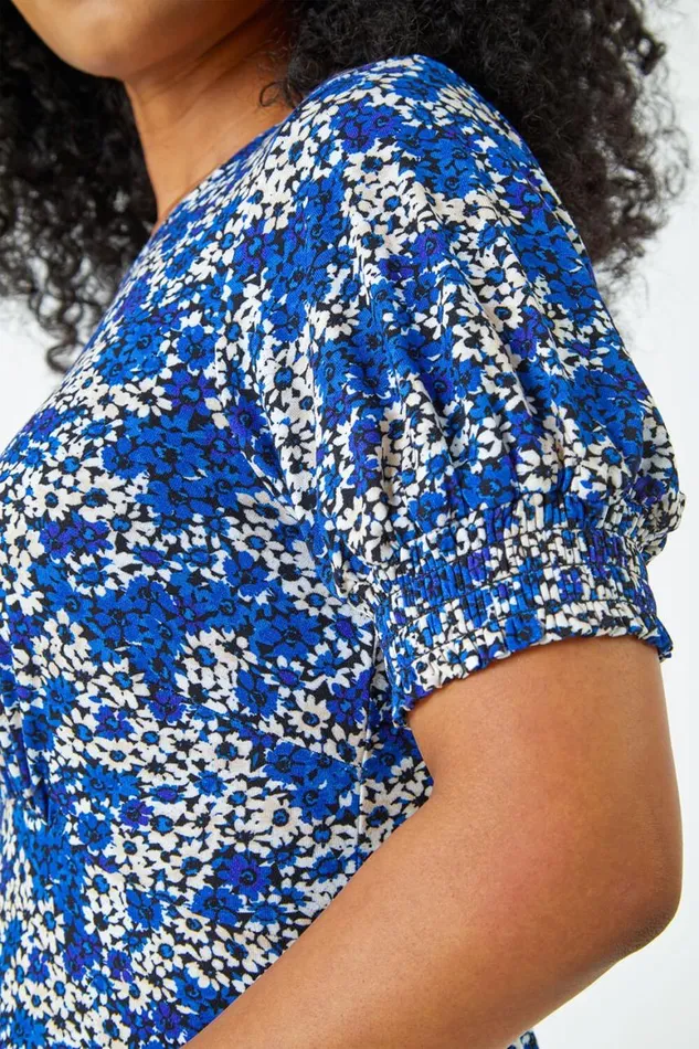 Women Royal Blue Petite Shirred Sleeve Floral Dress Roman Dresses