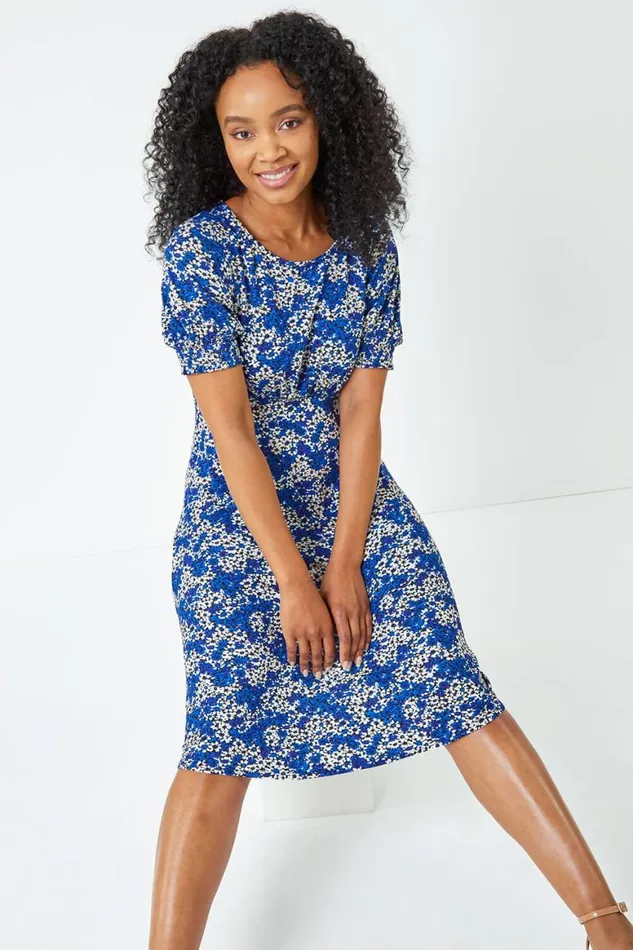 Women Royal Blue Petite Shirred Sleeve Floral Dress Roman Dresses