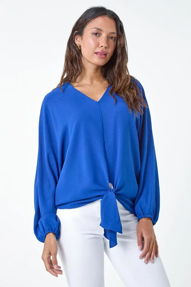 Women Royal Blue Plain Long Sleeve Tie Front Top Roman Tops