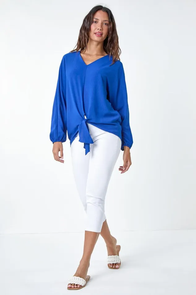 Women Royal Blue Plain Long Sleeve Tie Front Top Roman Tops