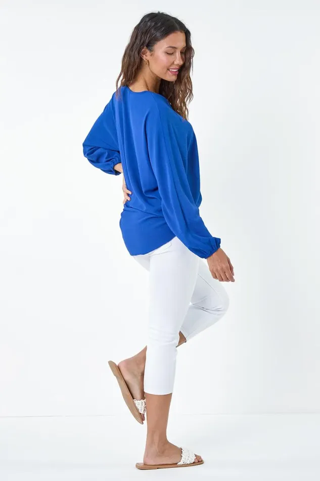 Women Royal Blue Plain Long Sleeve Tie Front Top Roman Tops