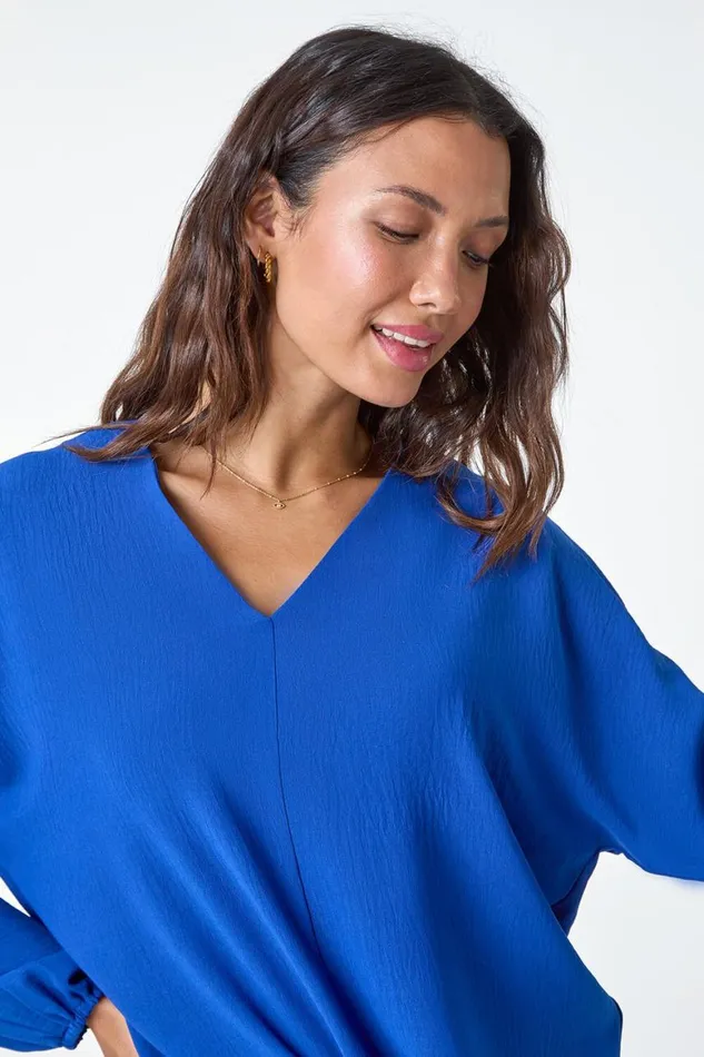 Women Royal Blue Plain Long Sleeve Tie Front Top Roman Tops