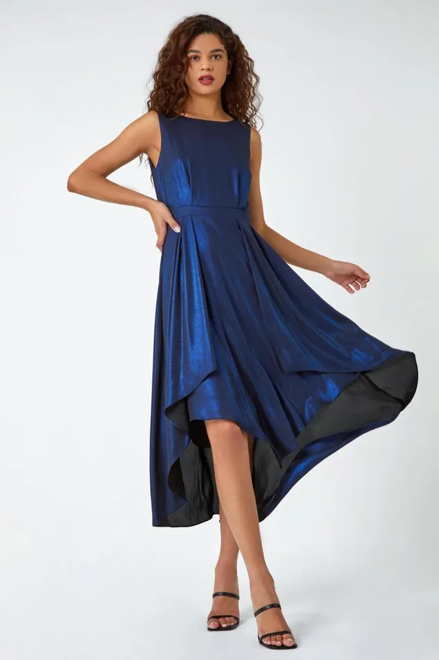 Women Royal Blue Pleat Detail Shimmer Midi Dress Roman Dresses