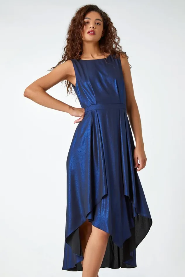 Women Royal Blue Pleat Detail Shimmer Midi Dress Roman Dresses
