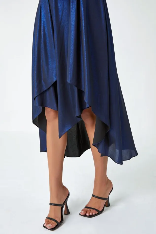 Women Royal Blue Pleat Detail Shimmer Midi Dress Roman Dresses
